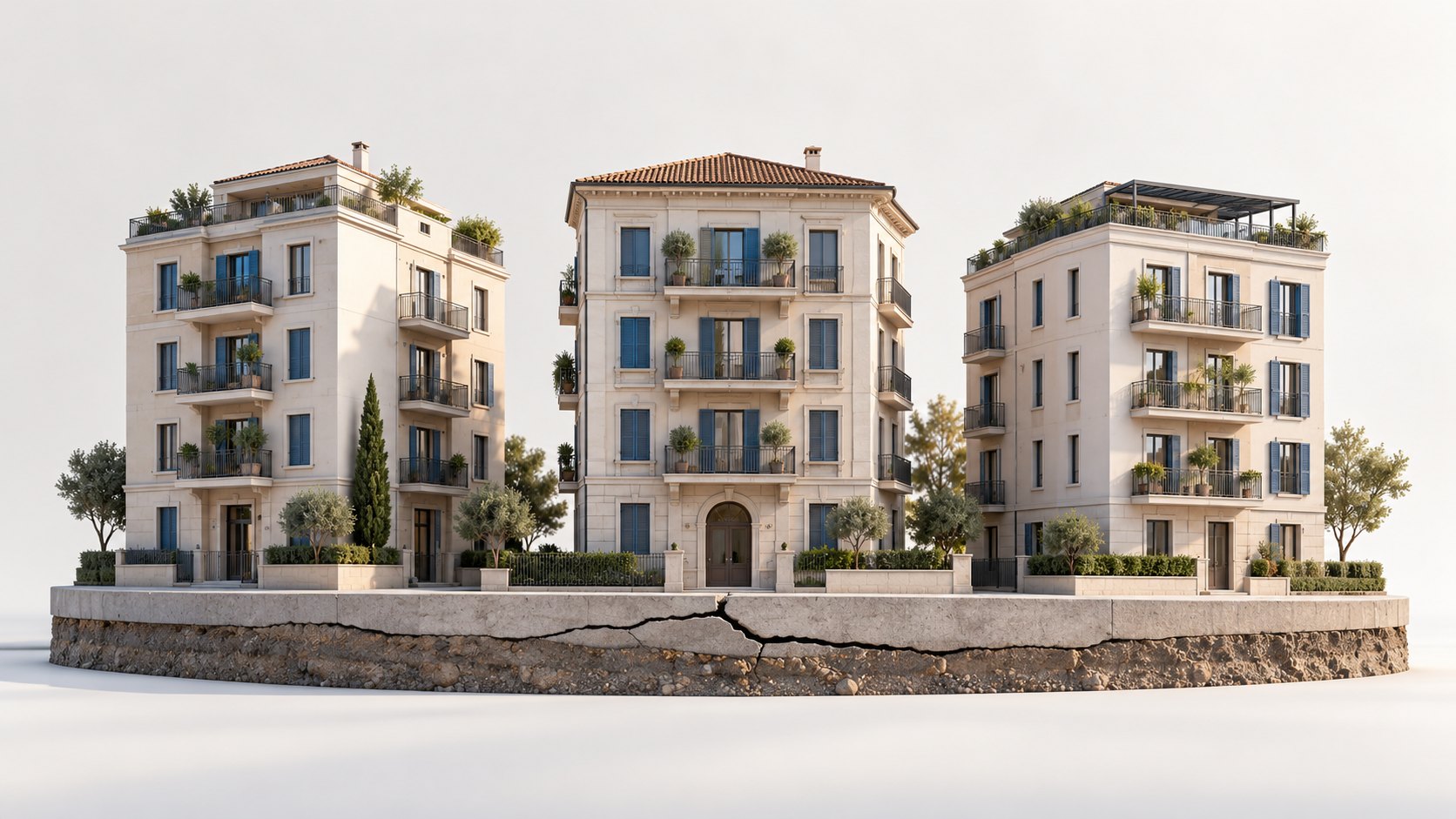 Tre edifici sullo stesso basamento attraversato da una crepa: metafora del rischio comune agli immobili concentrati nella stessa zona.