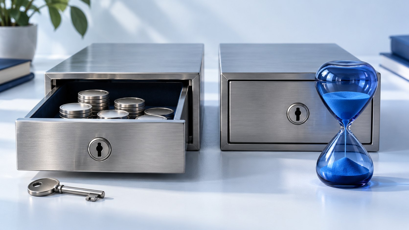 Two secure drawers, one open and one closed beside an hourglass, representing available savings versus a time-locked deposit.