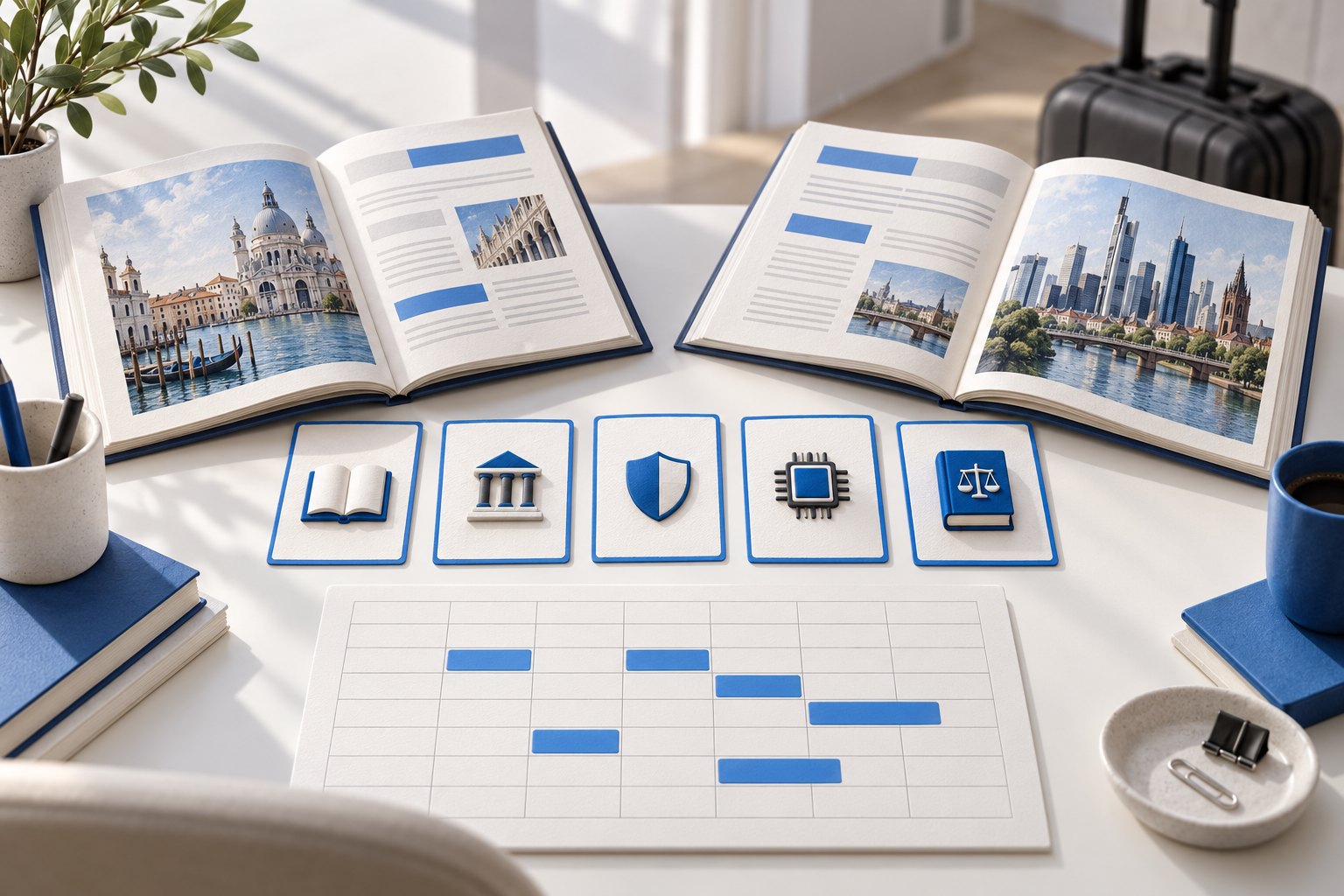 Cataloghi aperti con vedute di Venezia e Francoforte, cinque schede di studio e un calendario con blocchi blu.