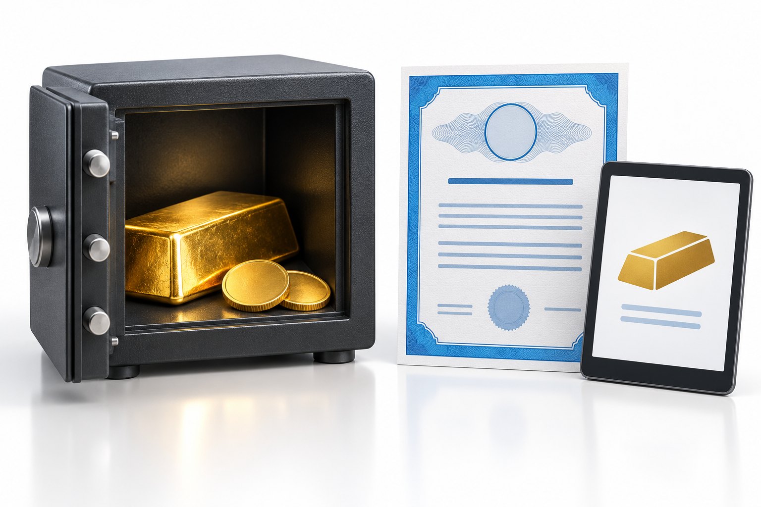 Lingotto e monete d’oro in una cassaforte aperta, affiancati a un certificato e a un tablet con l’immagine di un lingotto.