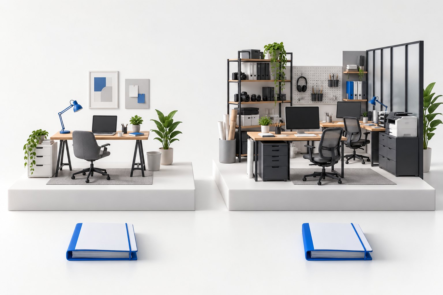 Due modelli di ambienti di lavoro: una scrivania essenziale e uno studio attrezzato, con due fascicoli identici davanti.