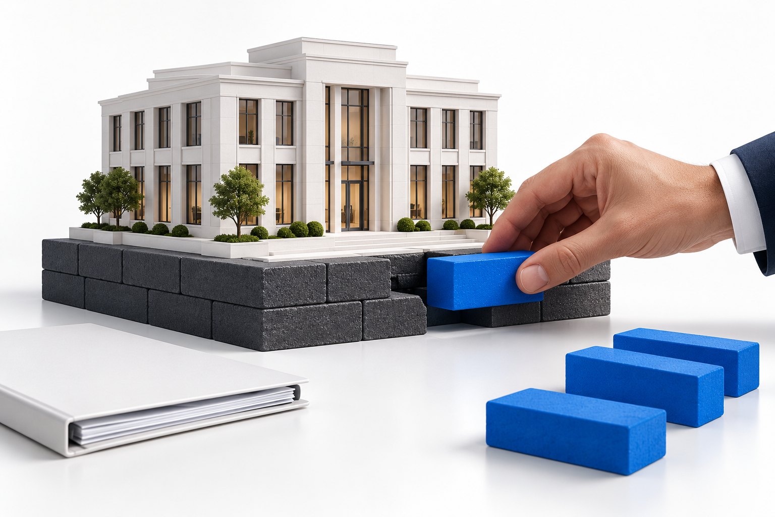 Una mano inserisce un blocco blu nelle fondamenta di un modello di edificio aziendale, con altri blocchi pronti accanto.