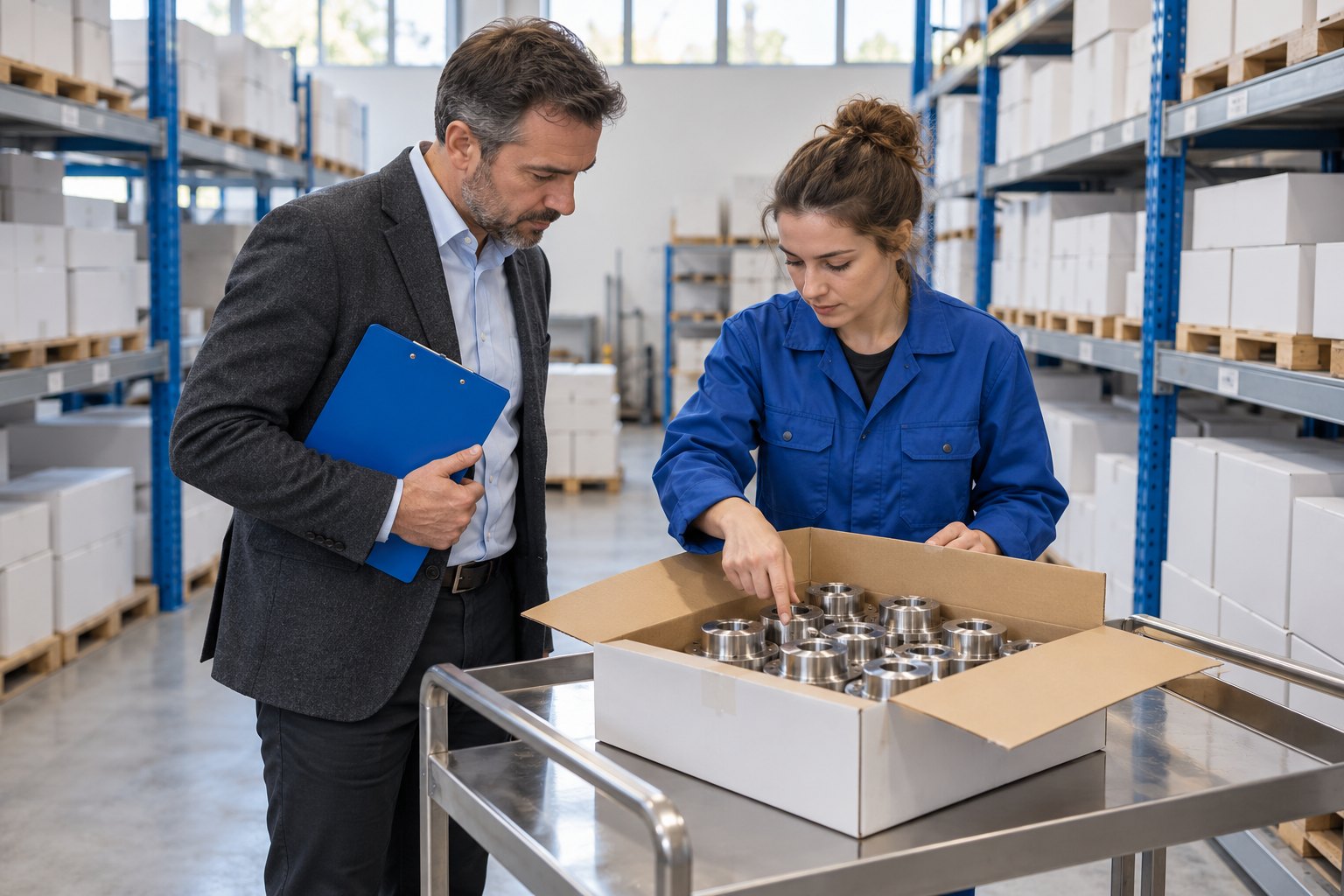 Revisore e addetta al magazzino osservano il conteggio di componenti metallici durante un inventario fisico.