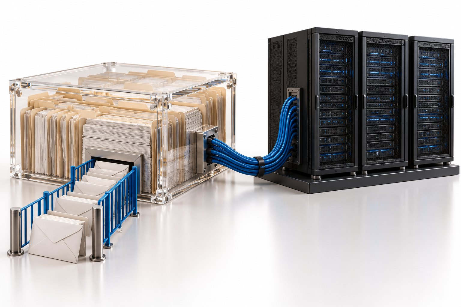 Archivio di prestiti collegato a server digitali e richieste di rimborso davanti a un accesso regolato.