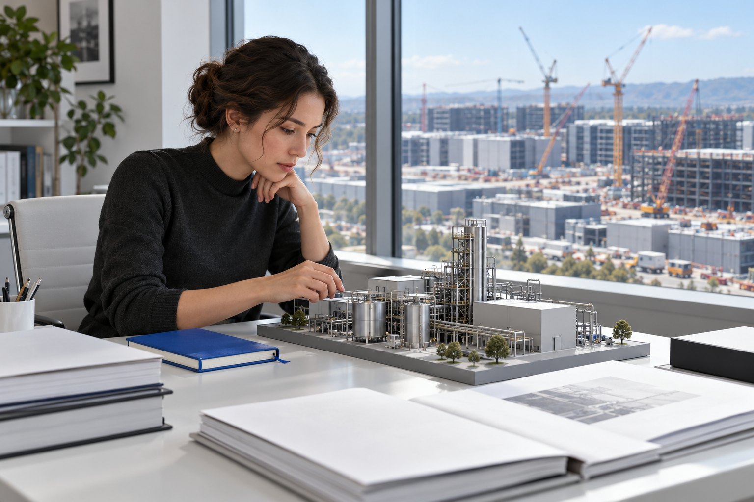 Analista studia un modello di impresa mentre all’esterno è in costruzione un grande campus tecnologico.