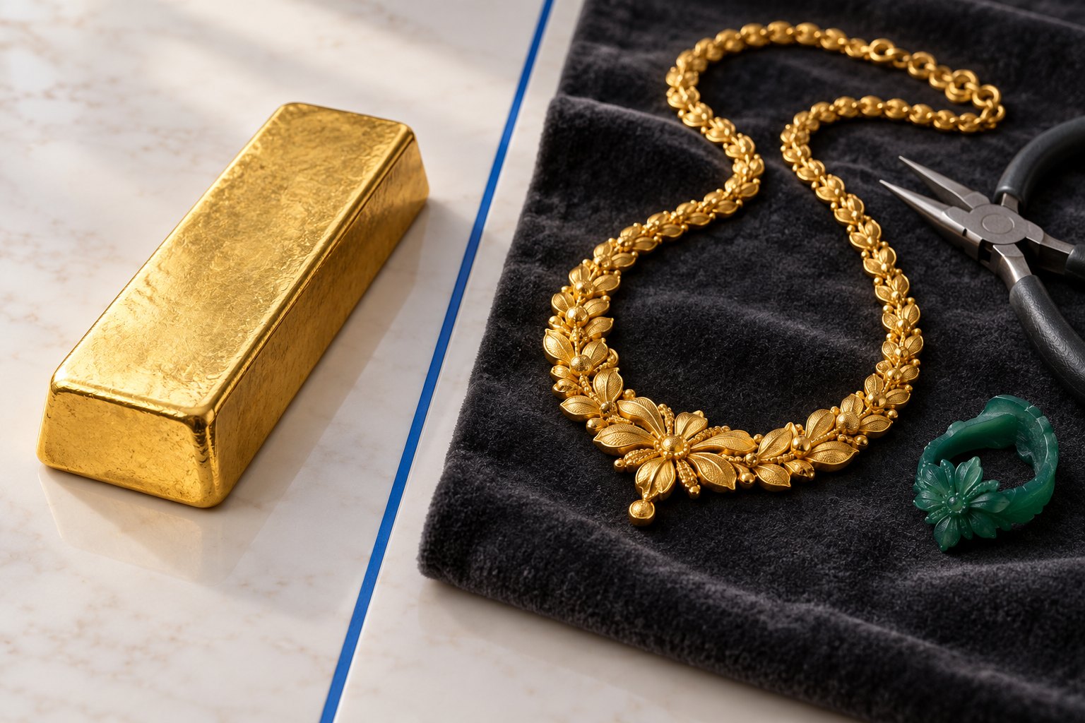 Lingotto senza marchi accanto a una collana d’oro e strumenti da orafo, su superfici bianche e antracite.