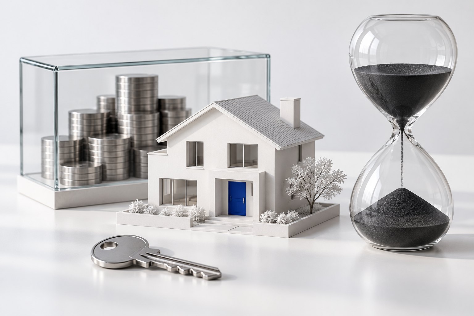 Modello di casa, chiave e clessidra accanto a monete racchiuse nel vetro: il valore di un bene e il tempo per renderlo disponibile sono diversi.