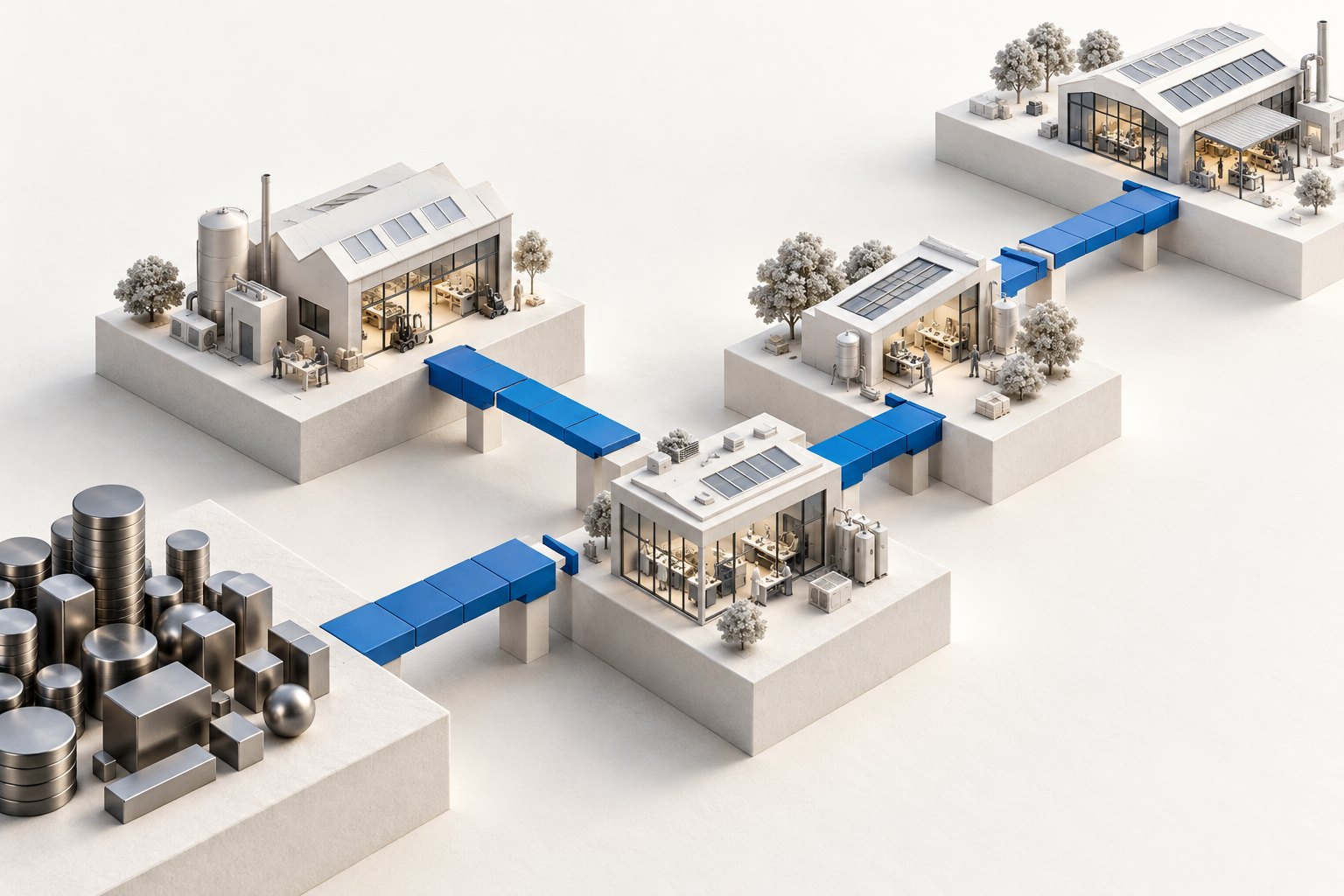 Businesses on separate platforms connected by interrupted blue bridges, with resources available at the start of the route.