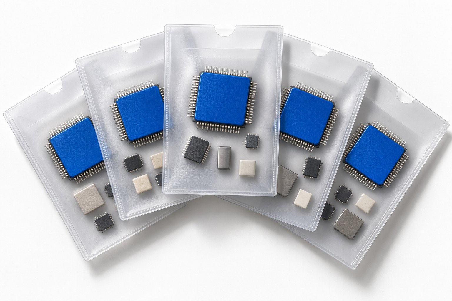 Cinque custodie trasparenti contengono lo stesso grande chip blu: contenitori diversi possono ripetere la medesima esposizione tecnologica.