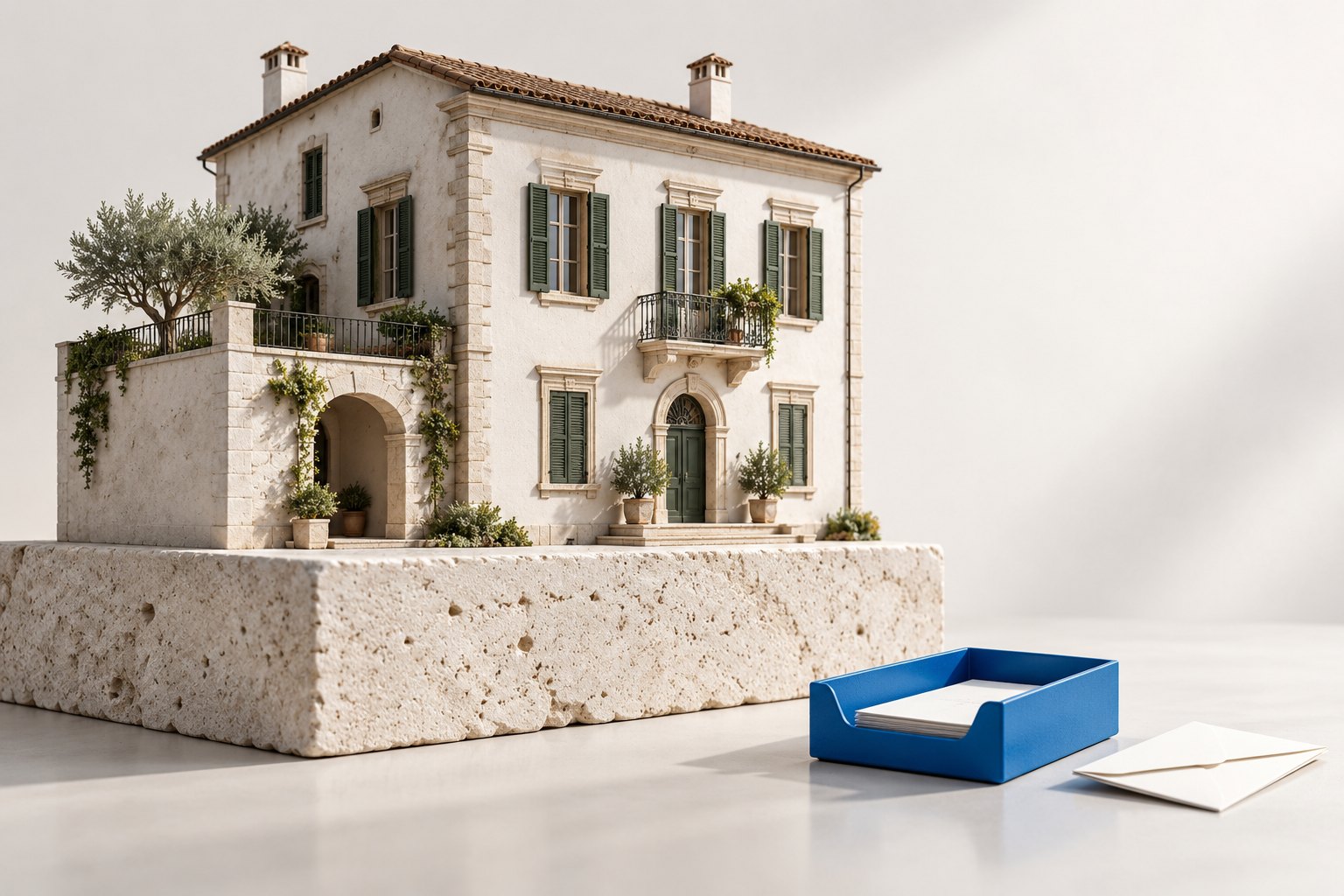 Illustrazione concettuale di una casa su una base di pietra e di un piccolo vassoio blu con pochi fogli disponibili: patrimonio immobiliare e risorse utilizzabili subito sono distinti.
