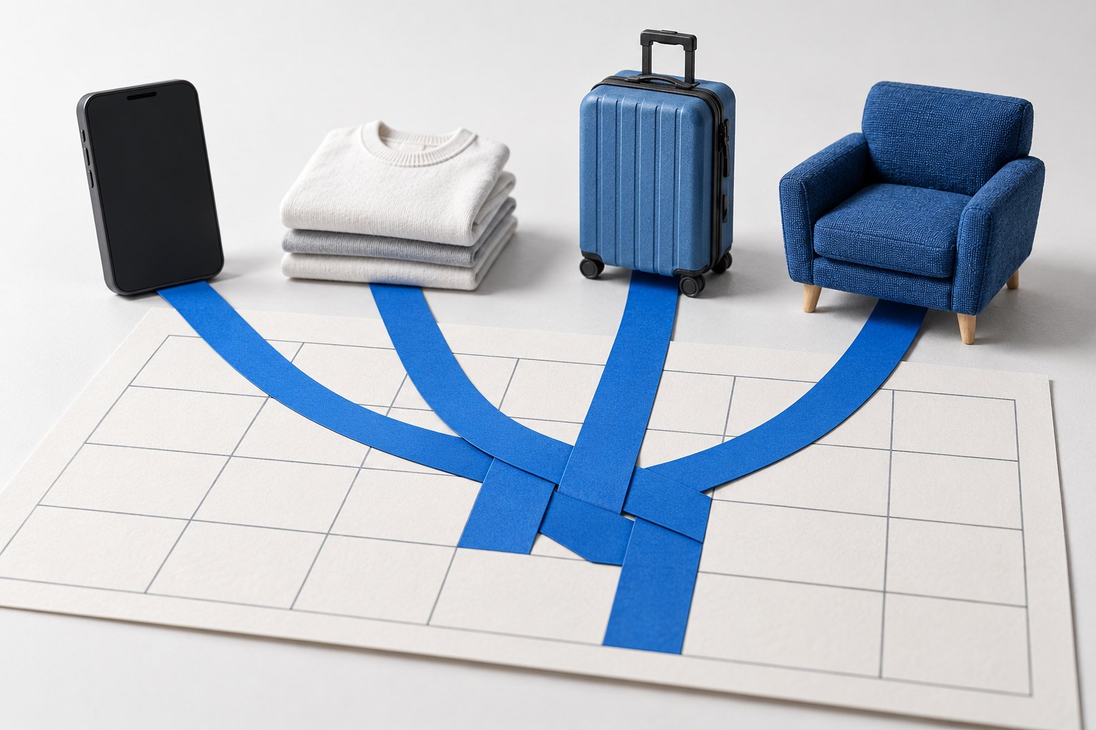 Smartphone, abbigliamento, valigia e poltrona collegati da nastri blu che si sovrappongono sulle caselle di un calendario senza date, a rappresentare più acquisti che impegnano gli stessi mesi futuri.
