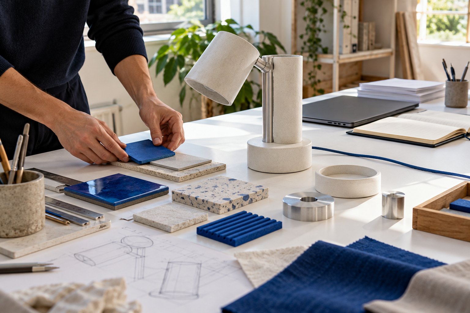 Un professionista indipendente lavora a un prototipo di lampada con campioni di materiali; sullo stesso tavolo sono presenti un portatile chiuso, documenti e un’agenda per il lavoro amministrativo.