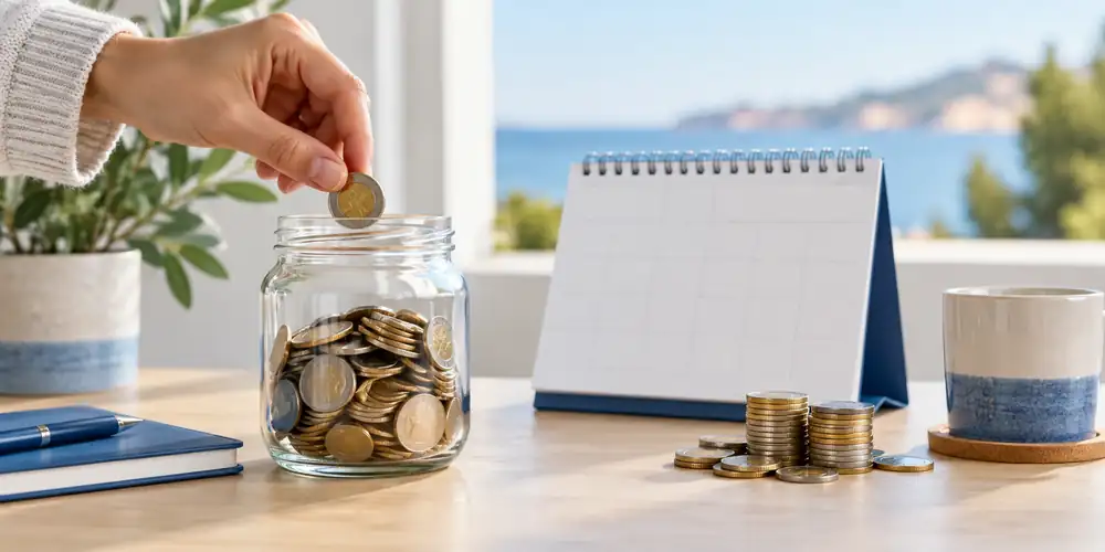 A hand adds coins to a jar beside a calendar.