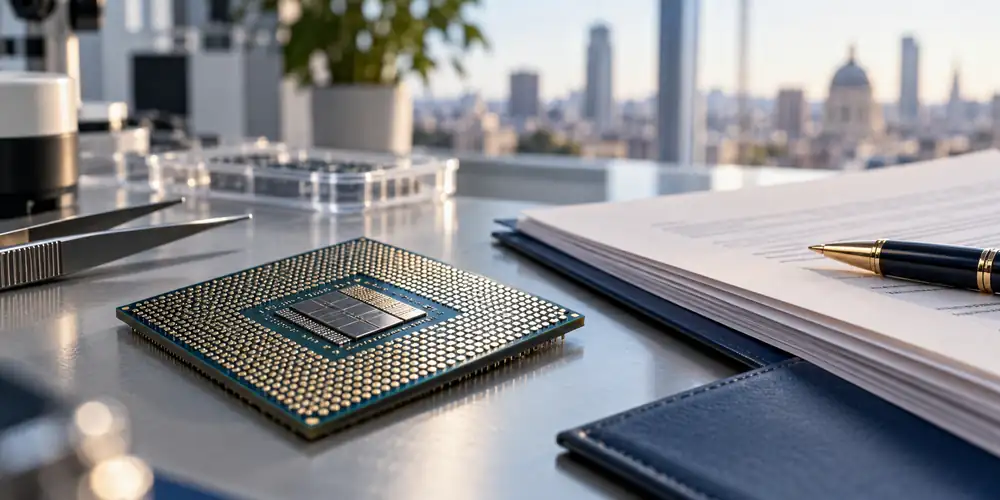 Un semiconduttore e documenti finanziari su una scrivania.