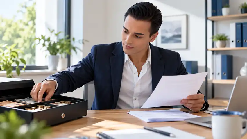 Illustration of Gabriele reviewing documents in a scene related to the article.