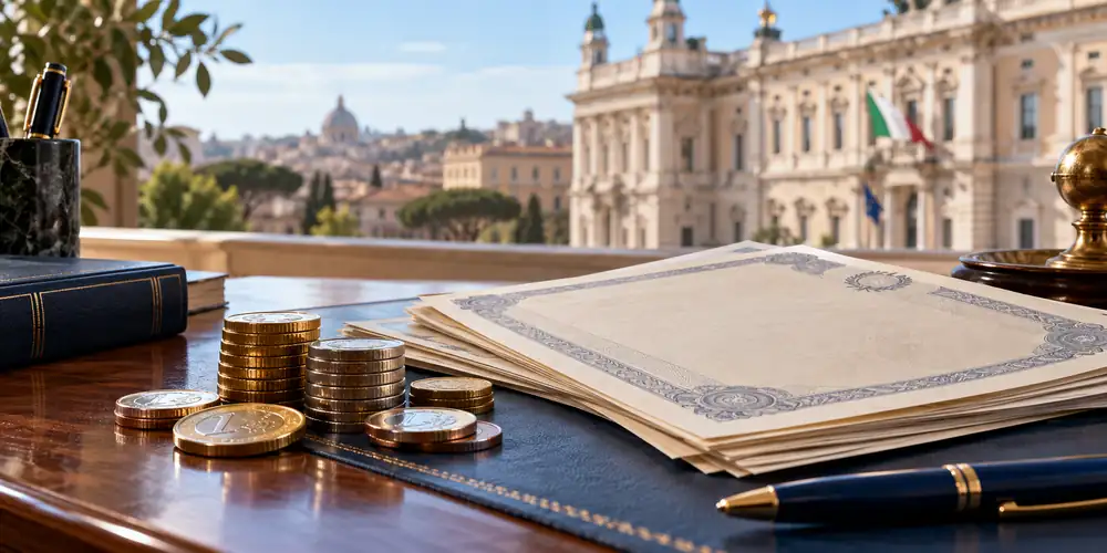 Titoli e monete su una scrivania, con un edificio italiano sullo sfondo.