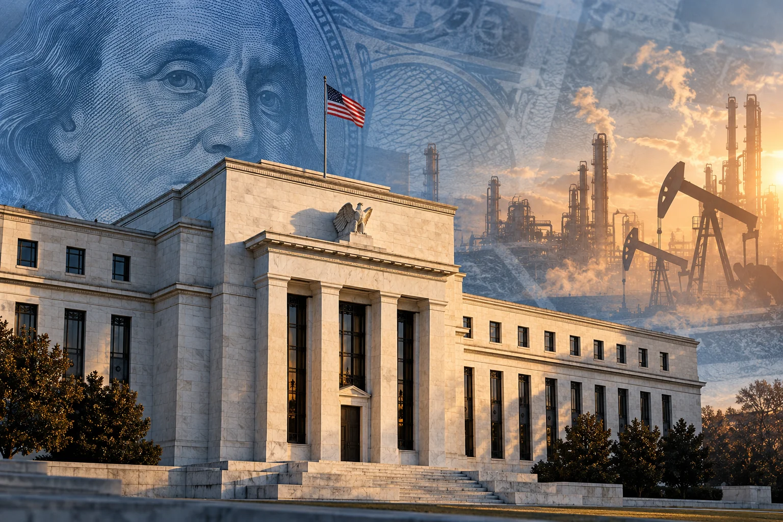 Illustrazione della Federal Reserve con dettagli di una banconota americana e infrastrutture energetiche sullo sfondo