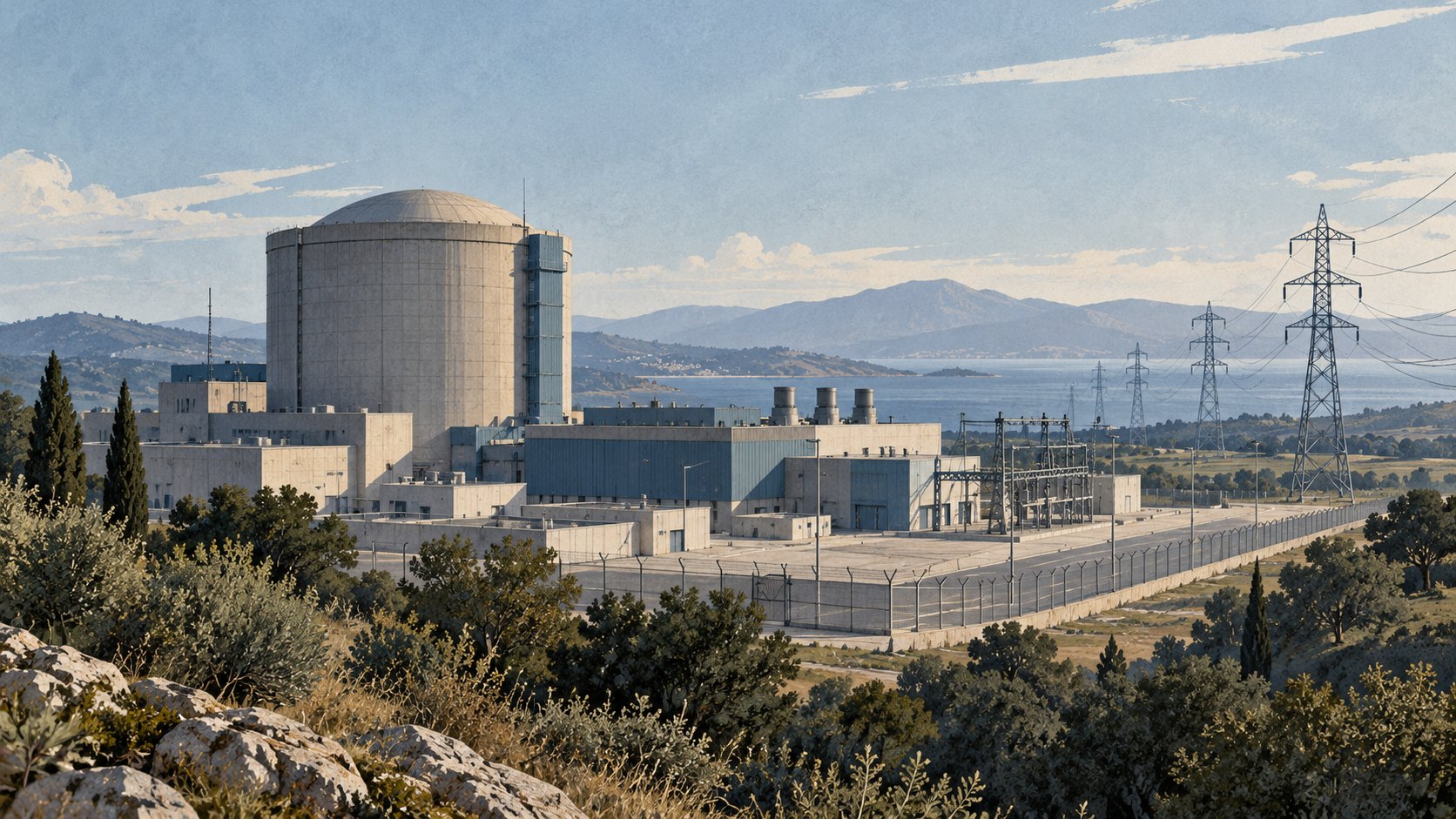 Illustrazione editoriale di una centrale nucleare inattiva, collegata alla riflessione sulla capacità produttiva e sul costo opportunità.