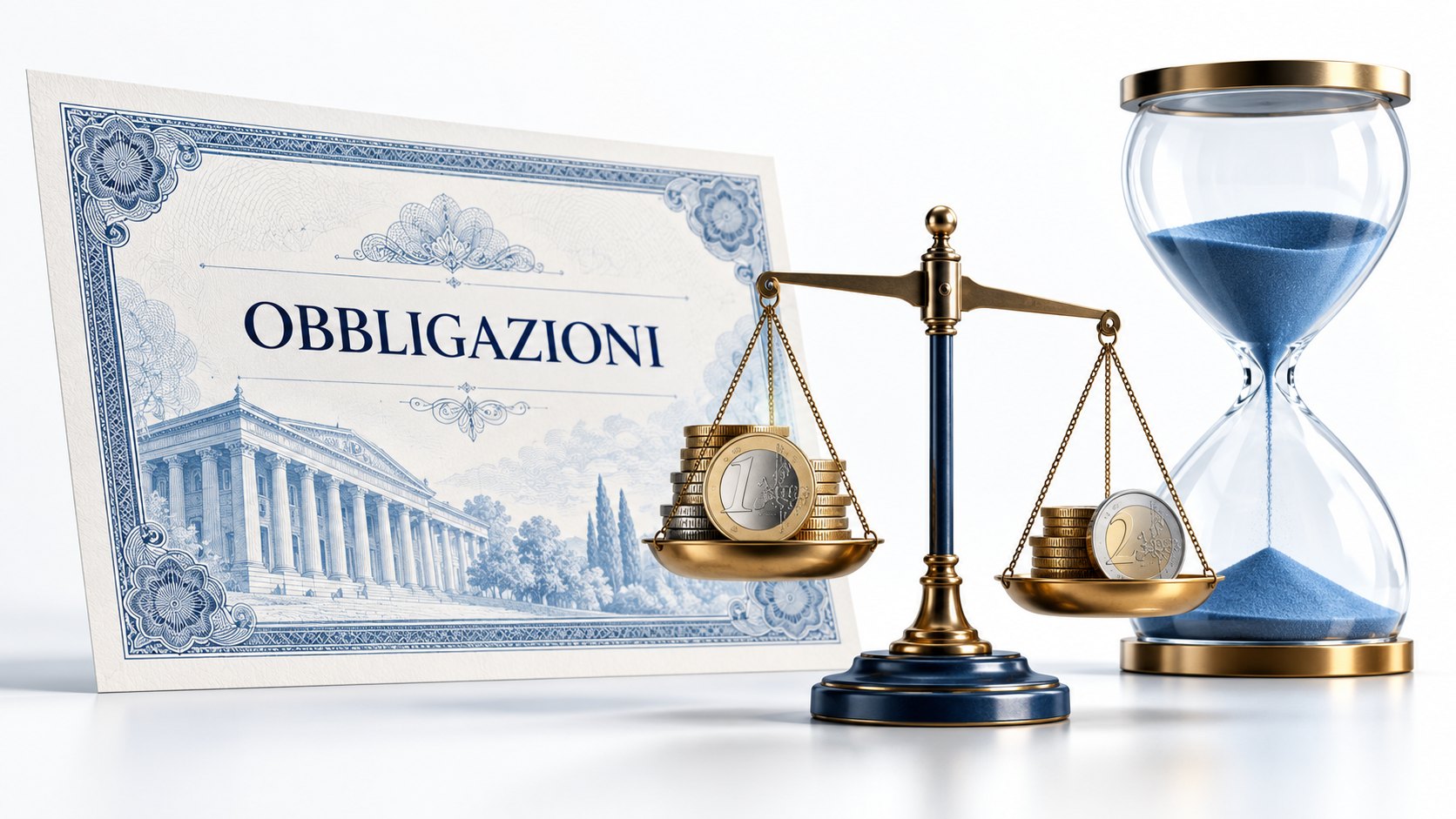 Certificato obbligazionario, bilancia con monete e clessidra: rendimento, rischio e tempo.