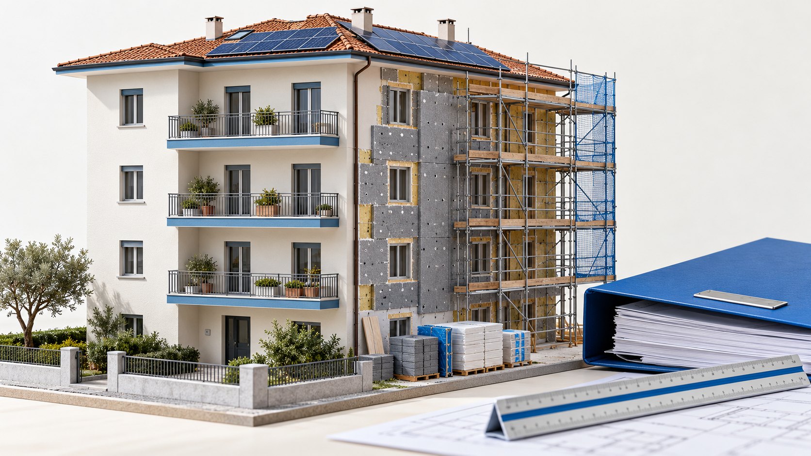 Modello di edificio residenziale italiano durante una riqualificazione energetica: ponteggi, isolamento della facciata e parte dei lavori completata.