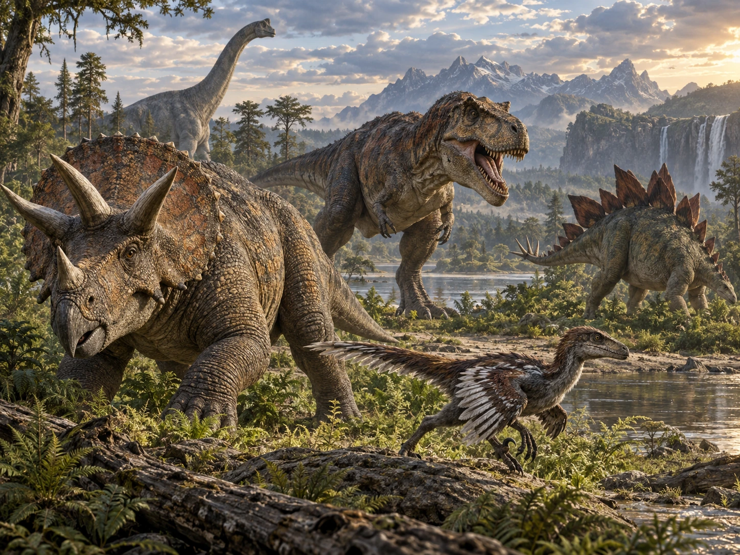 Montaggio illustrativo di dinosauri appartenenti a epoche e ambienti diversi: gli animali raffigurati non formavano un’unica comunità.