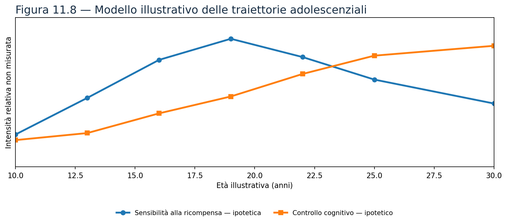 Figura 11.8 — Traiettorie puramente illustrative e non dati di una ricerca; andamento contestato in diverse formulazioni.