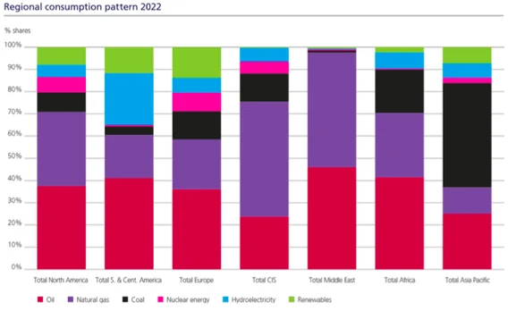 Grafico sui consumi regionali di energia, da BP, Statistical Review of World Energy 2023. La situazione è diversa nelle varie p