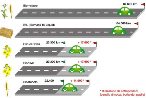 Immagine sui rendimenti dei combustibili fossili: le distanze percorse da un’automobile con biocombustibili prodotti da 1 ettar