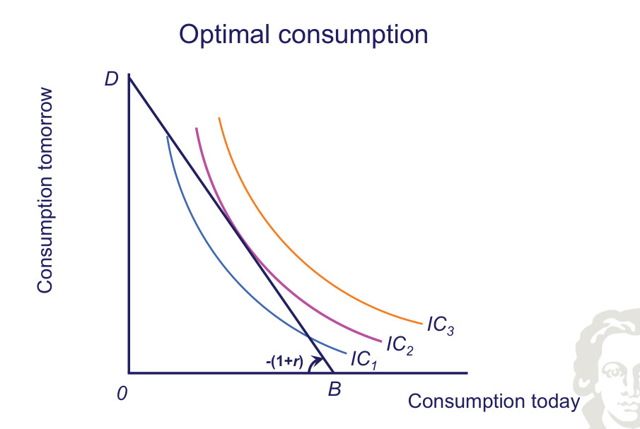 Optimal intertemporal consumption at a budget-line tangency.