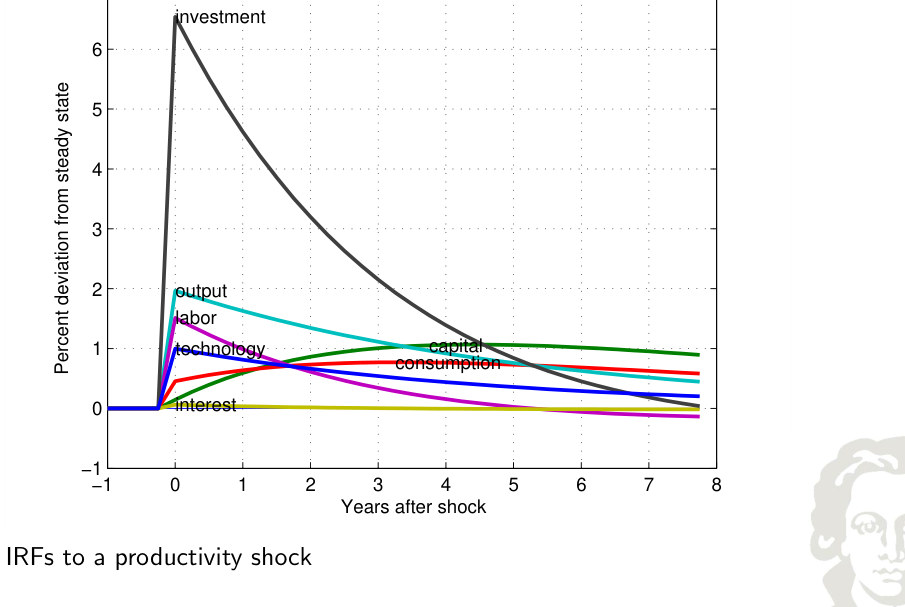 Combined impulse responses following a productivity shock.