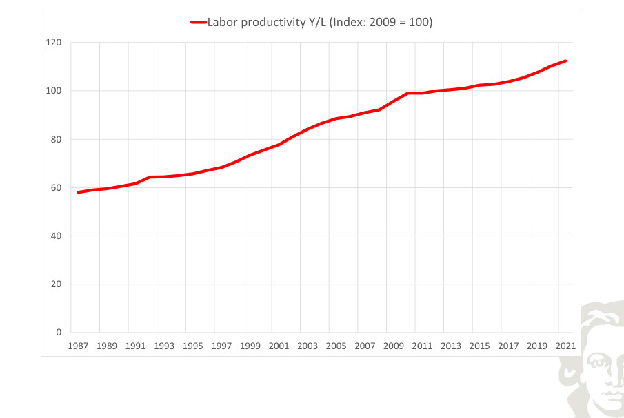Labor productivity, output per unit of labor.
