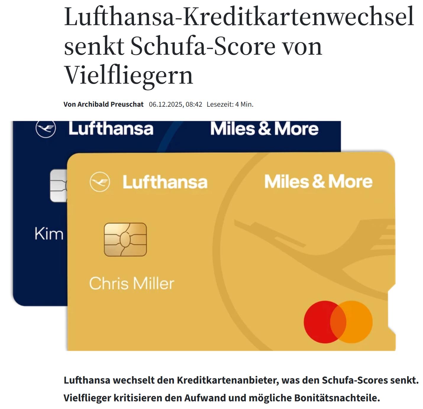 Dated German report on Lufthansa credit cards and SCHUFA scores, with the card photograph.