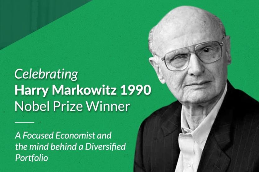 Portrait of Harry Markowitz with an acknowledgement of his 1990 Nobel Prize.